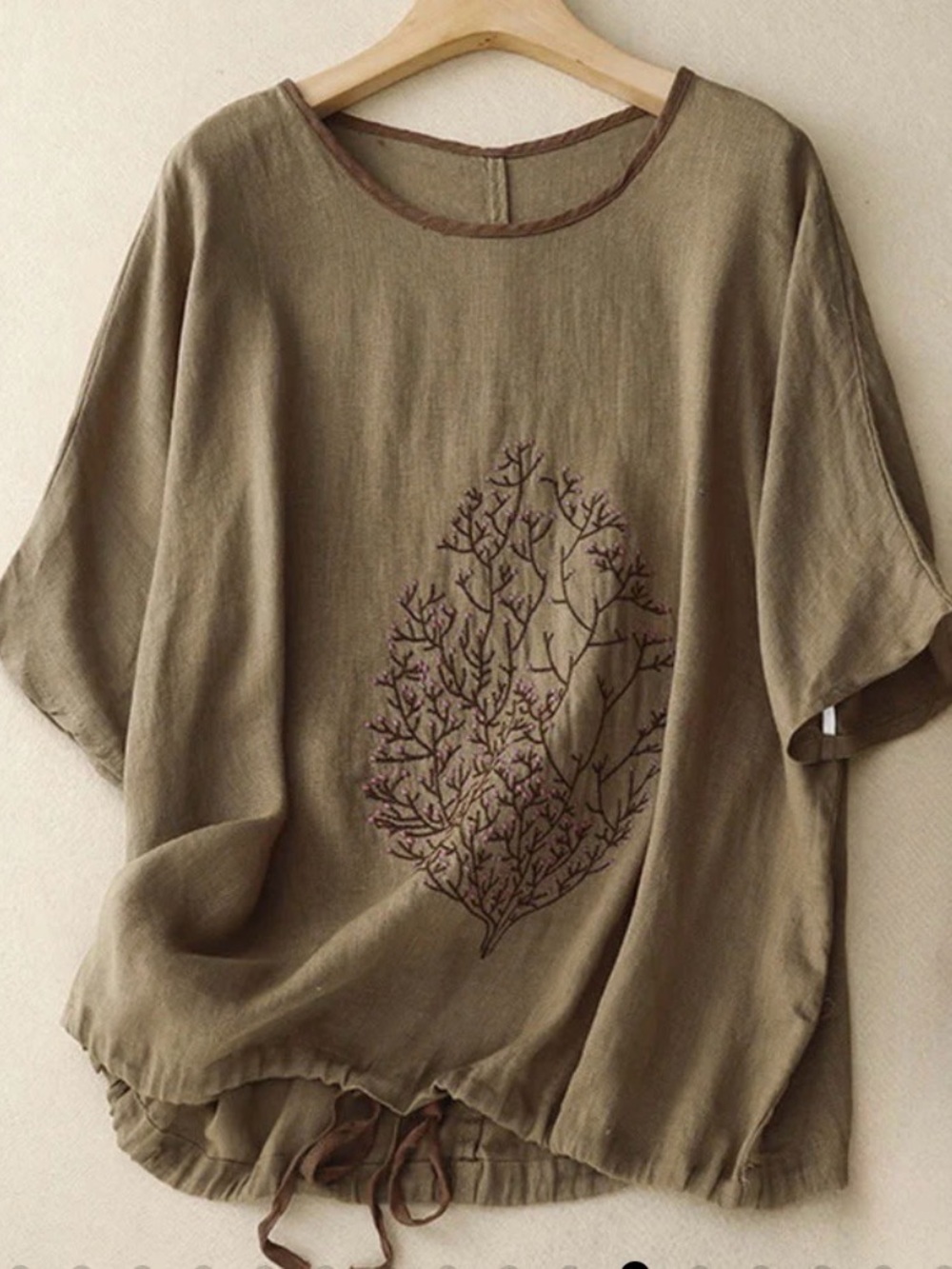 NWT Buddha Stones Olive Embroidery Tree
Drawstring Crew Neck Cotton/LinenTop